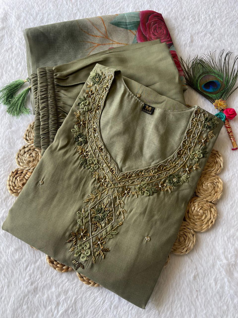 Divine Light Mehendi Roman Silk Handworked Kurta Pant Dupatta Set - INDIAN ELEGANCE