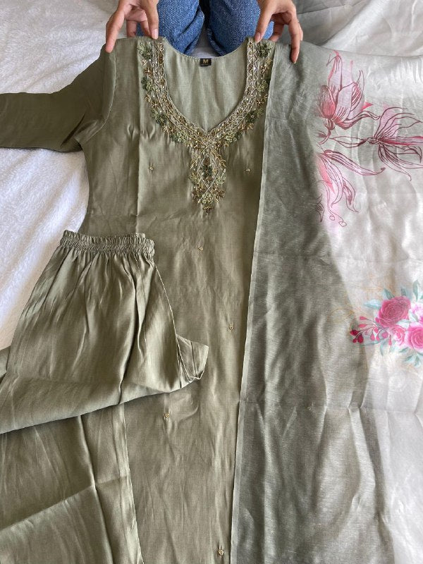 Divine Light Mehendi Roman Silk Handworked Kurta Pant Dupatta Set - INDIAN ELEGANCE