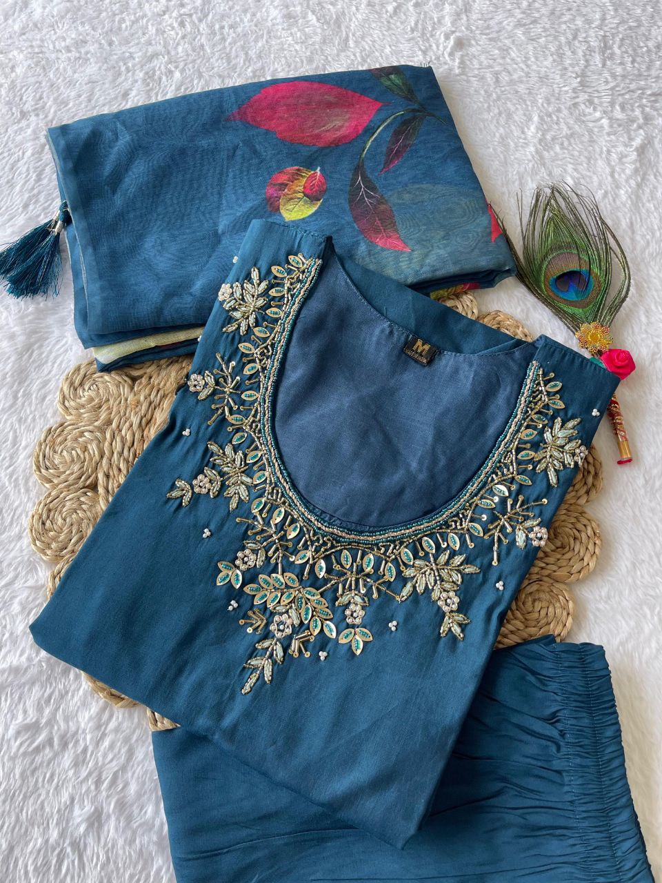 Divine Morpich Roman Silk Handworked Kurta Pant Dupatta Set - INDIAN ELEGANCE