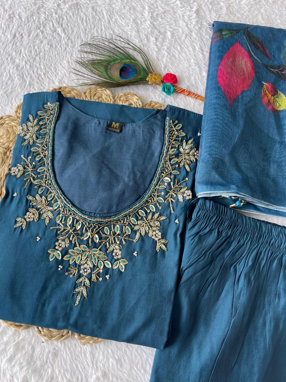Divine Morpich Roman Silk Handworked Kurta Pant Dupatta Set - INDIAN ELEGANCE