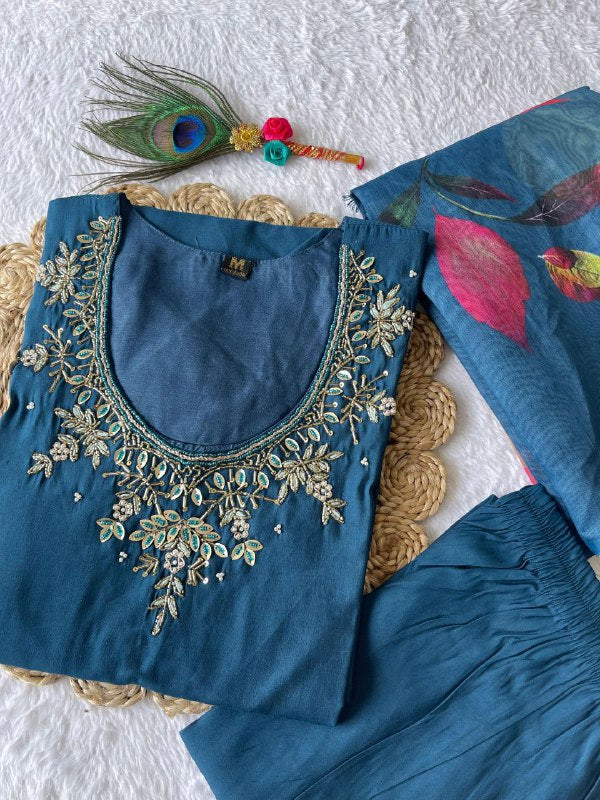 Divine Morpich Roman Silk Handworked Kurta Pant Dupatta Set - INDIAN ELEGANCE