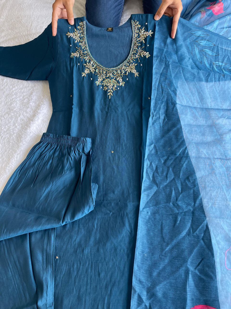 Divine Morpich Roman Silk Handworked Kurta Pant Dupatta Set - INDIAN ELEGANCE