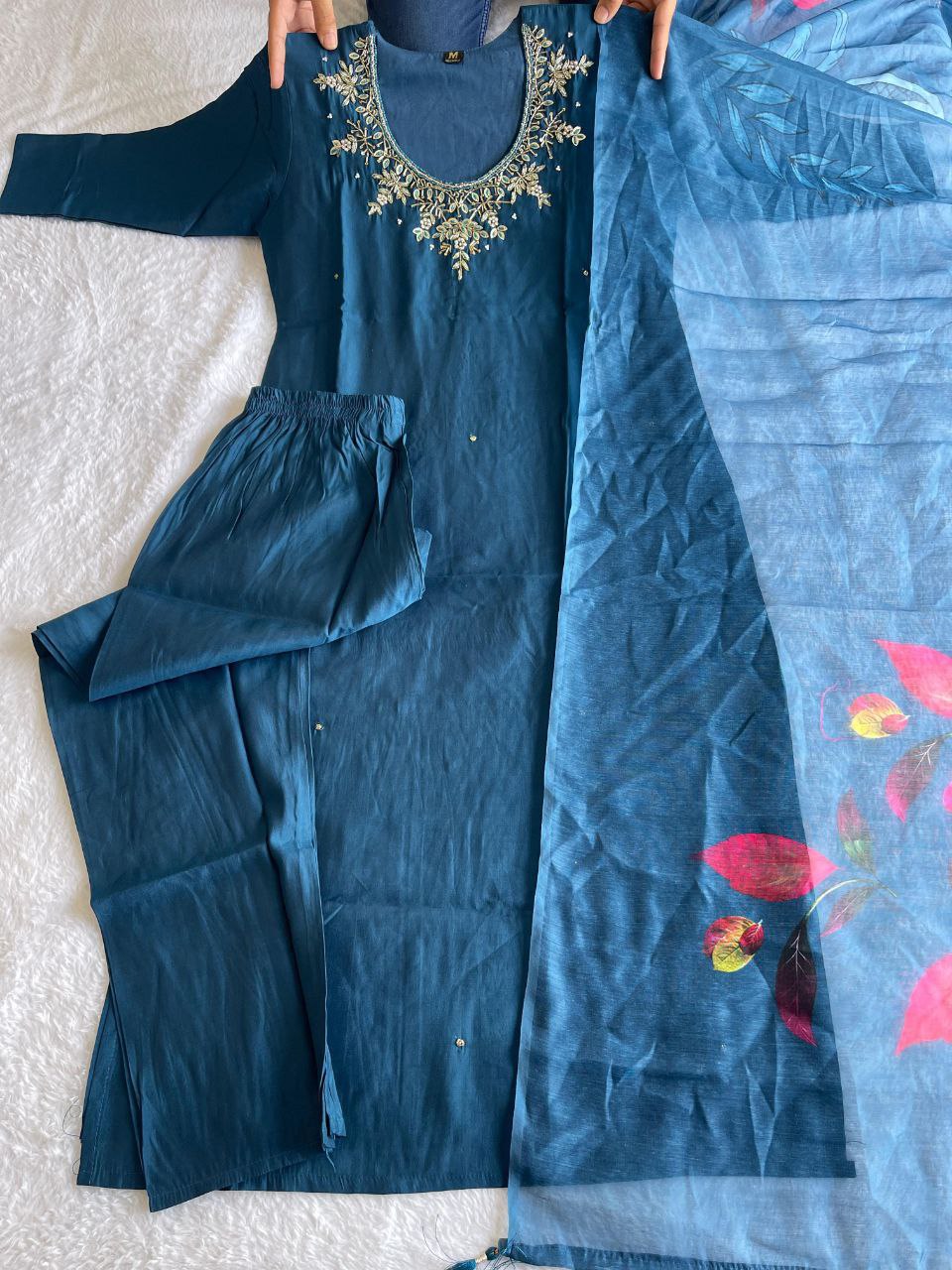 Divine Morpich Roman Silk Handworked Kurta Pant Dupatta Set - INDIAN ELEGANCE
