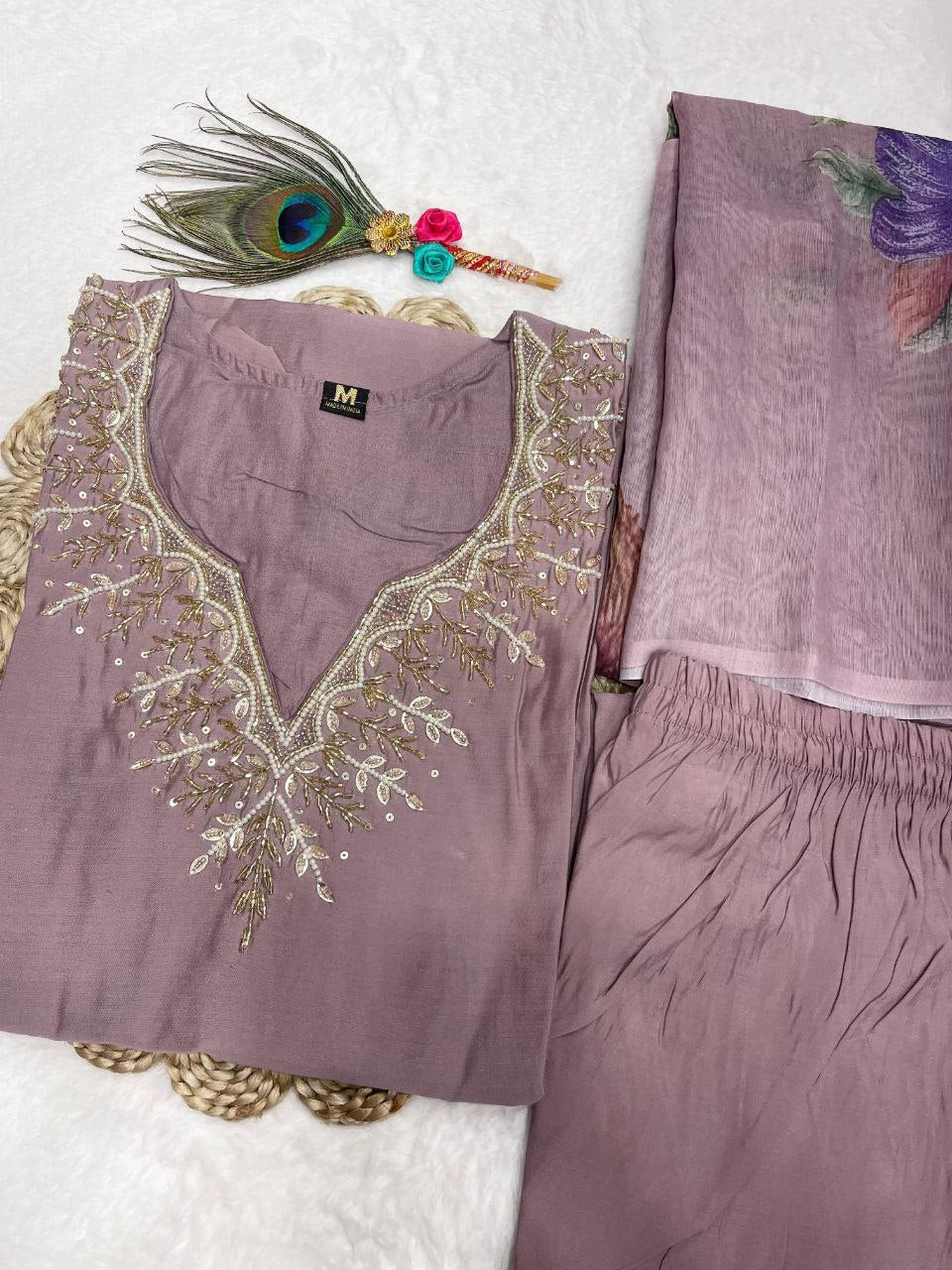 Stylish Ice Peach Roman Silk Handworked Kurta Pant Dupatta Set - INDIAN ELEGANCE