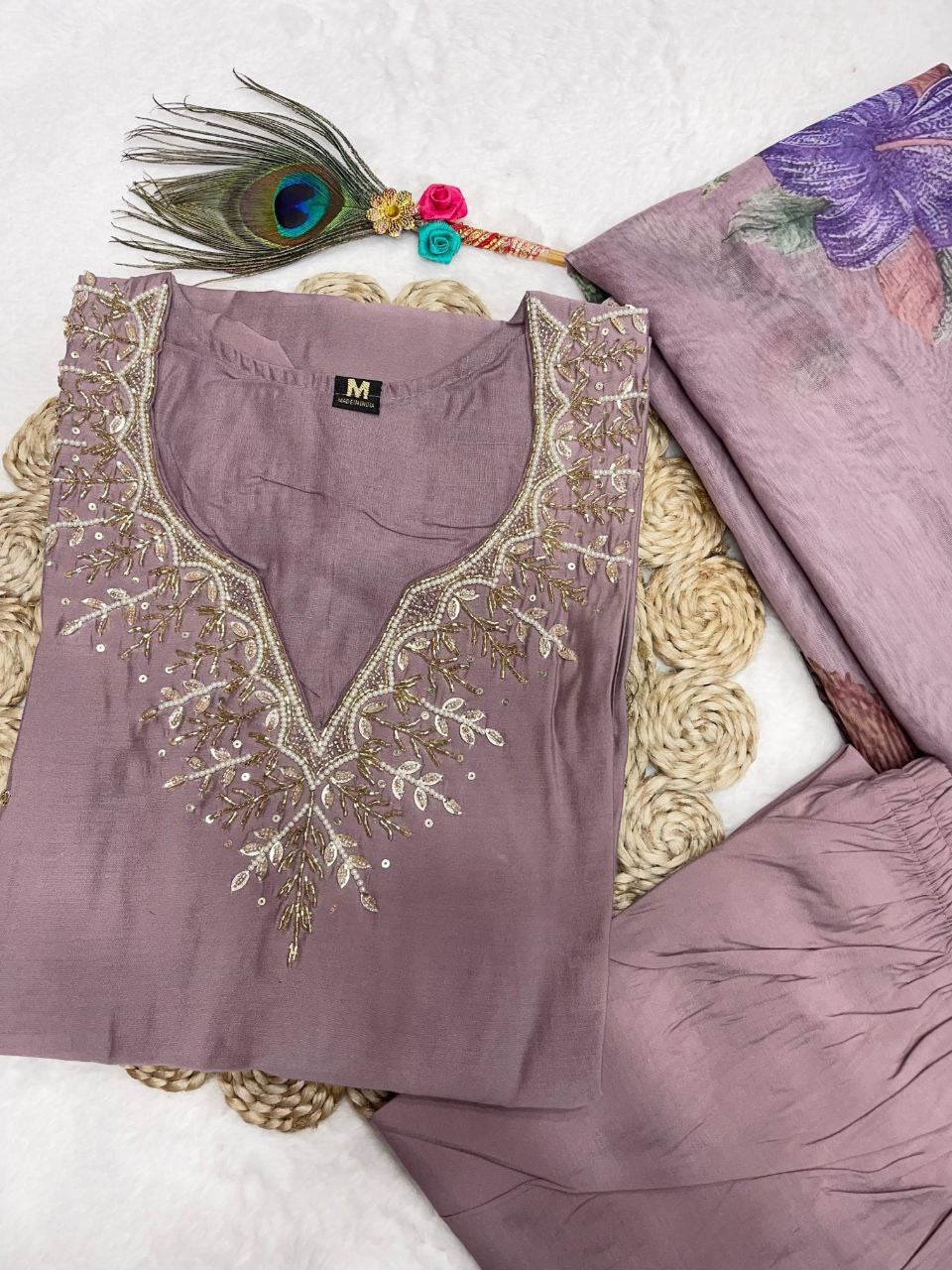 Stylish Ice Peach Roman Silk Handworked Kurta Pant Dupatta Set - INDIAN ELEGANCE