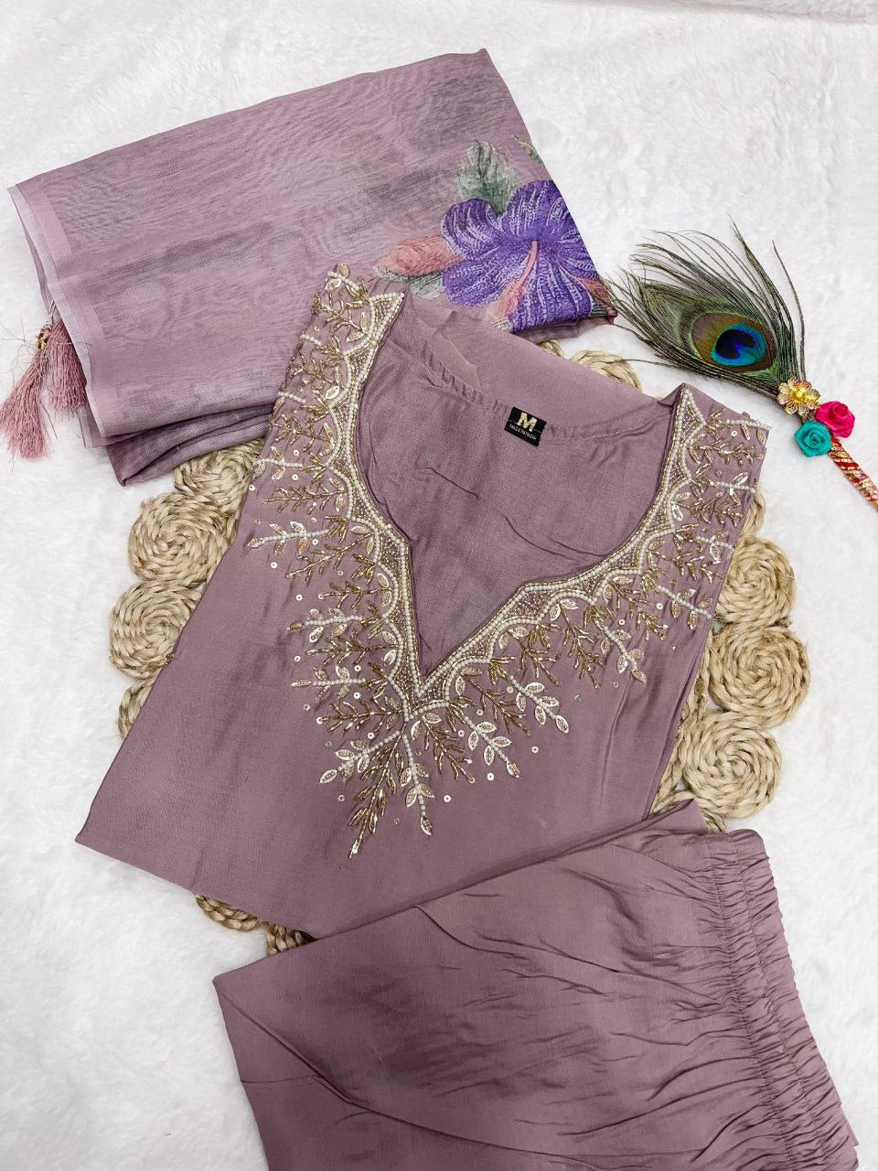 Stylish Ice Peach Roman Silk Handworked Kurta Pant Dupatta Set - INDIAN ELEGANCE