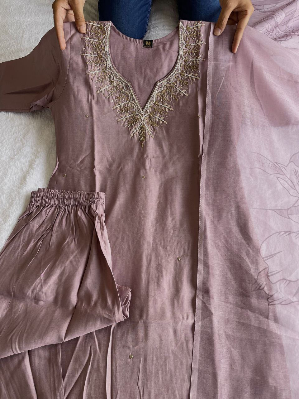Stylish Ice Peach Roman Silk Handworked Kurta Pant Dupatta Set - INDIAN ELEGANCE