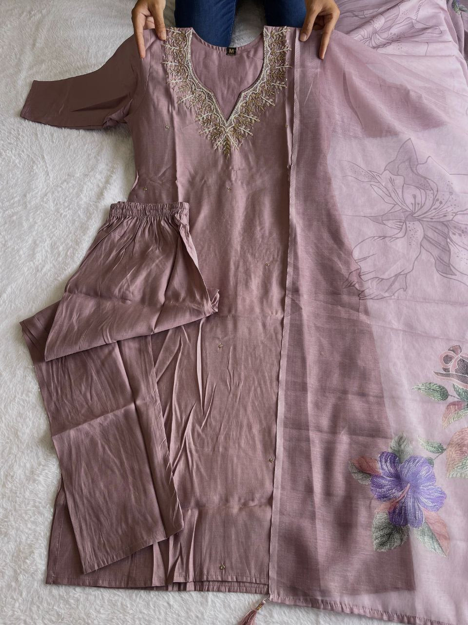 Stylish Ice Peach Roman Silk Handworked Kurta Pant Dupatta Set - INDIAN ELEGANCE