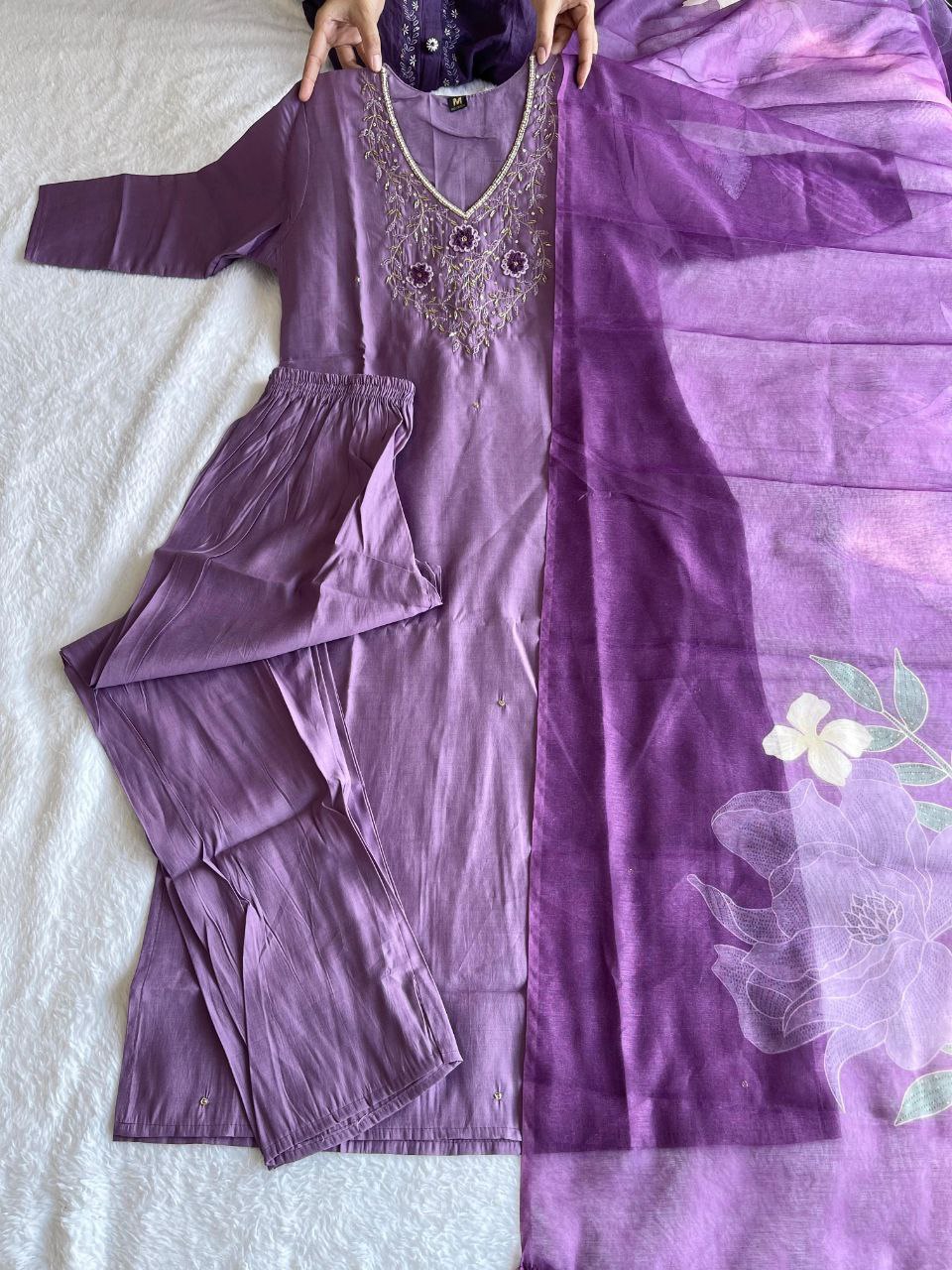 Ravishing Light Purple Roman Silk Handworked Kurta Pant Dupatta Set - INDIAN ELEGANCE