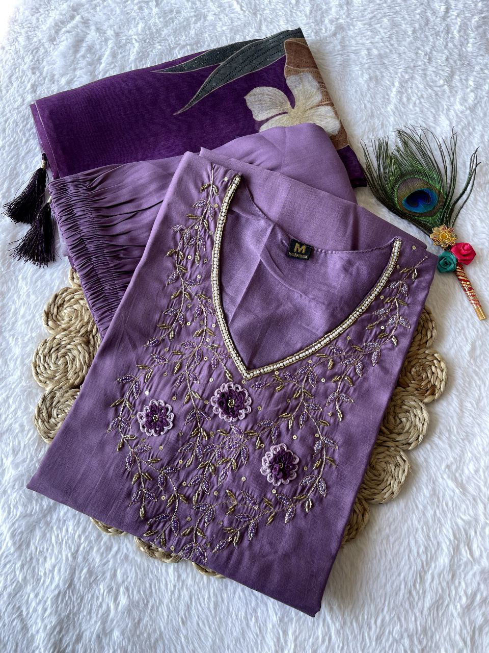 Ravishing Light Purple Roman Silk Handworked Kurta Pant Dupatta Set - INDIAN ELEGANCE