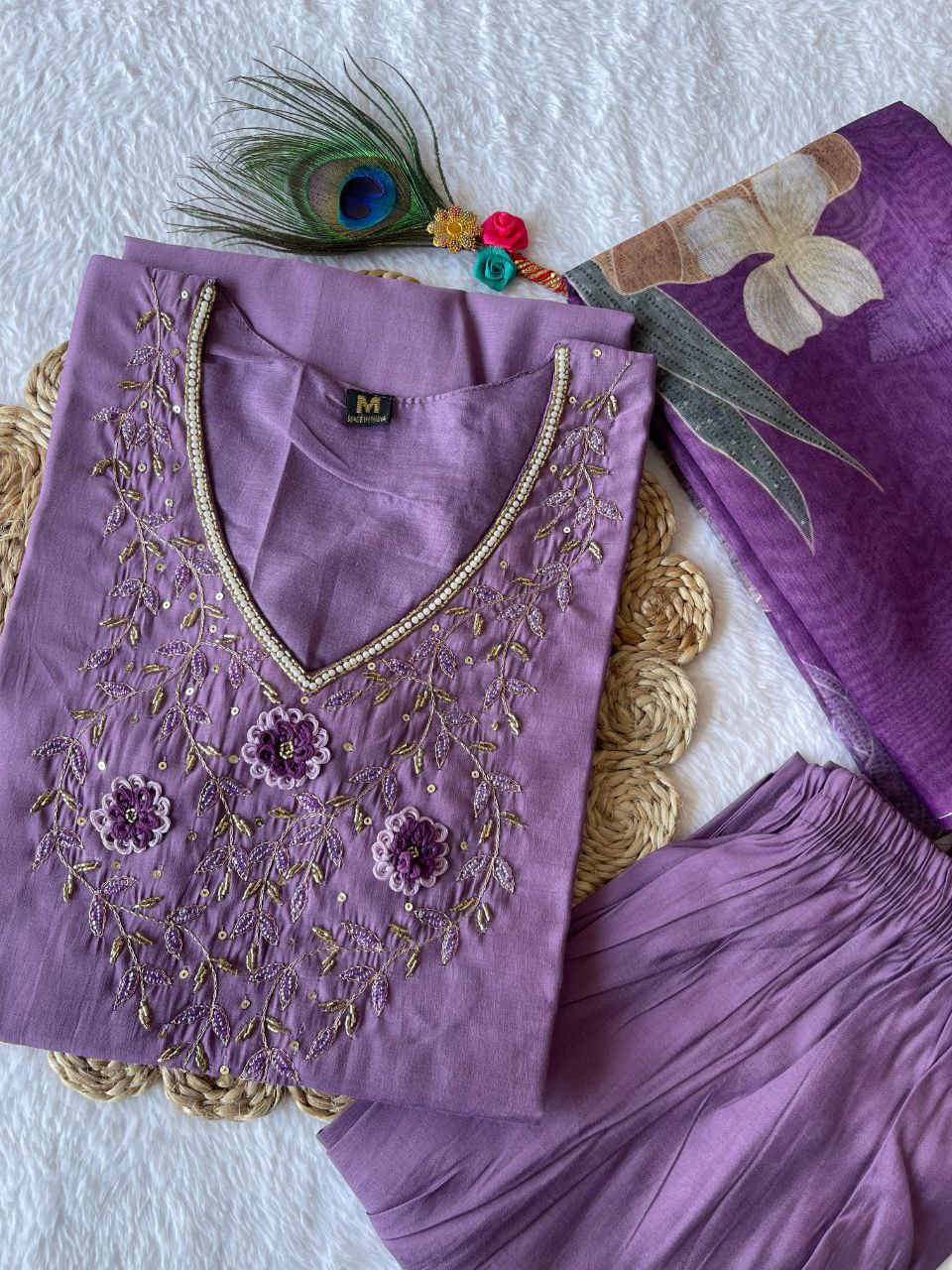 Ravishing Light Purple Roman Silk Handworked Kurta Pant Dupatta Set - INDIAN ELEGANCE