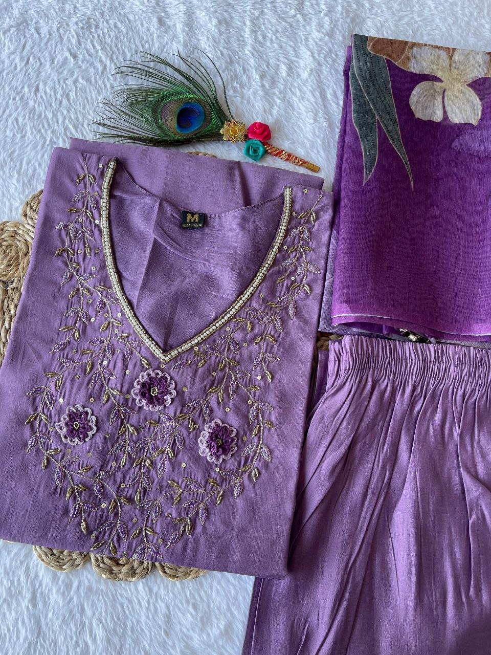 Ravishing Light Purple Roman Silk Handworked Kurta Pant Dupatta Set - INDIAN ELEGANCE