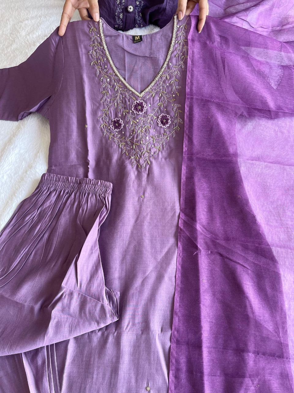 Ravishing Light Purple Roman Silk Handworked Kurta Pant Dupatta Set - INDIAN ELEGANCE