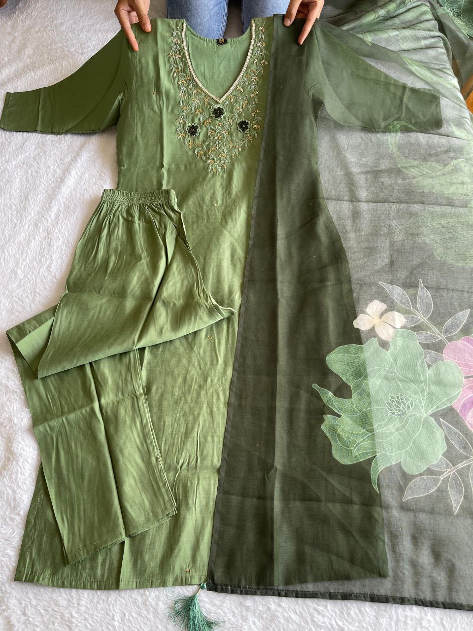 Ravishing Pista Green Roman Silk Handworked Kurta Pant Dupatta Set - INDIAN ELEGANCE