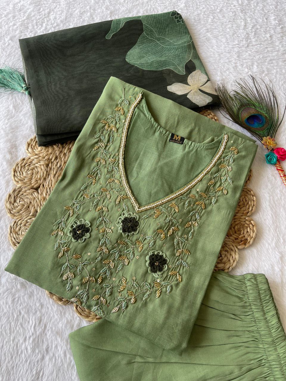 Ravishing Pista Green Roman Silk Handworked Kurta Pant Dupatta Set - INDIAN ELEGANCE