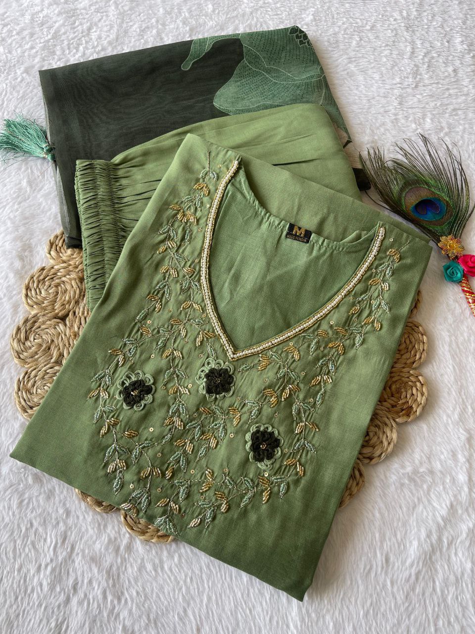Ravishing Pista Green Roman Silk Handworked Kurta Pant Dupatta Set - INDIAN ELEGANCE