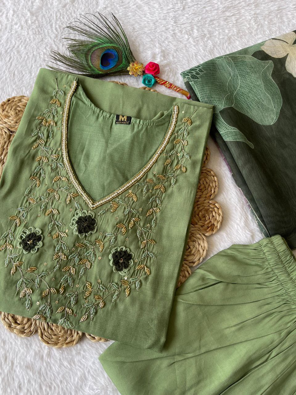 Ravishing Pista Green Roman Silk Handworked Kurta Pant Dupatta Set - INDIAN ELEGANCE