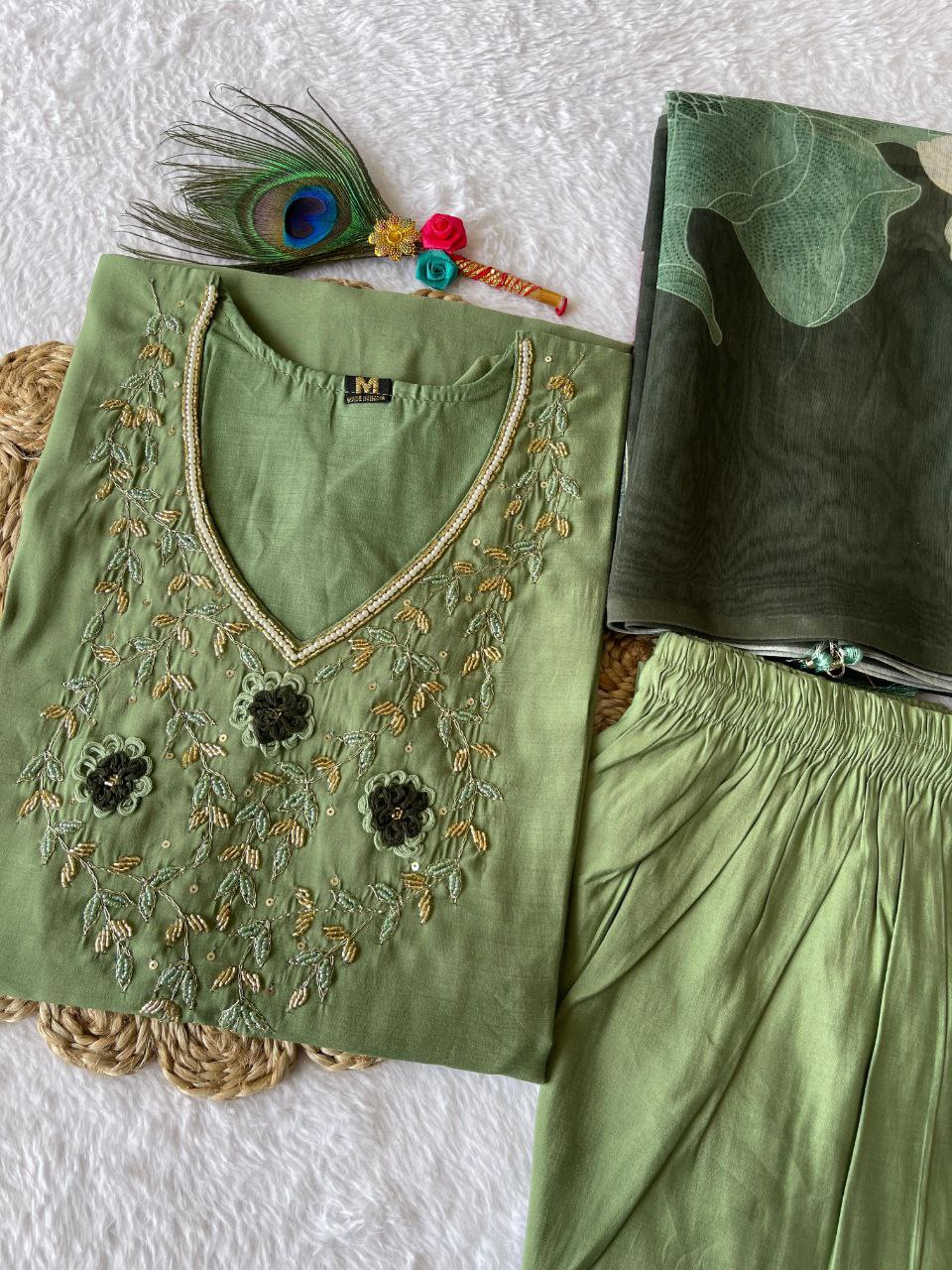 Ravishing Pista Green Roman Silk Handworked Kurta Pant Dupatta Set - INDIAN ELEGANCE
