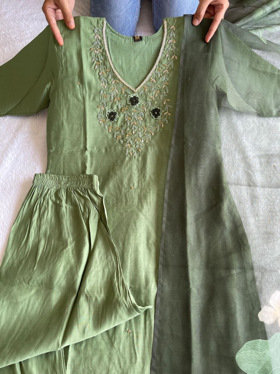 Ravishing Pista Green Roman Silk Handworked Kurta Pant Dupatta Set - INDIAN ELEGANCE
