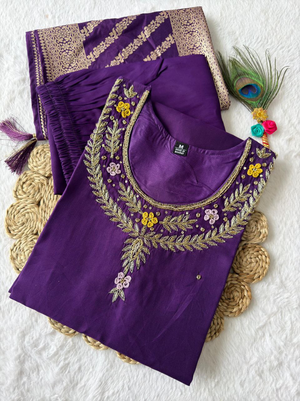 Radiant Purple Roman Silk Handworked Kurta Pant Dupatta Set - INDIAN ELEGANCE