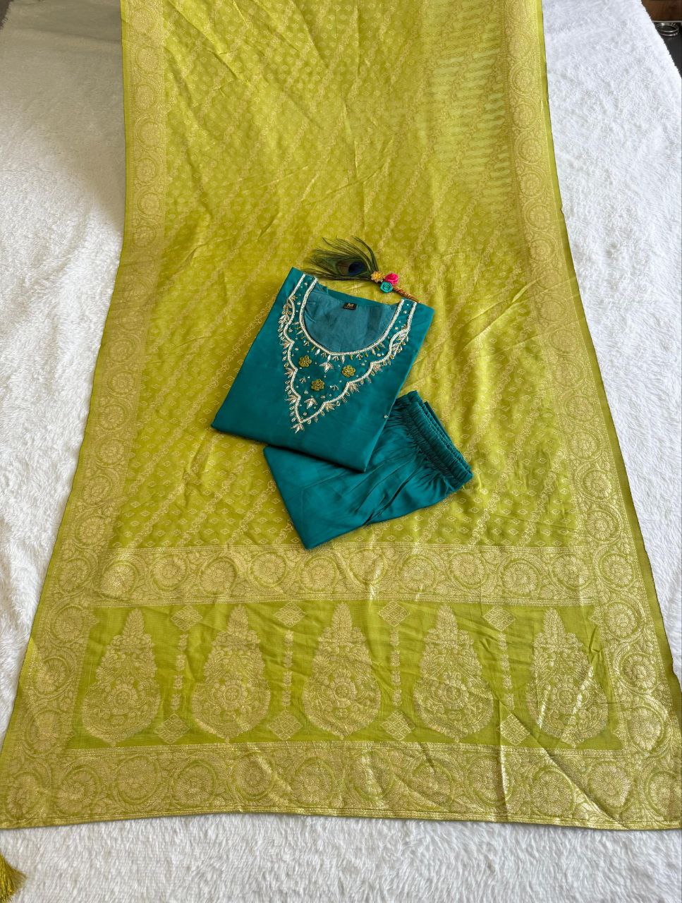 Exquisite Rama Roman Silk Handworked Kurta Pant Dupatta Set - INDIAN ELEGANCE