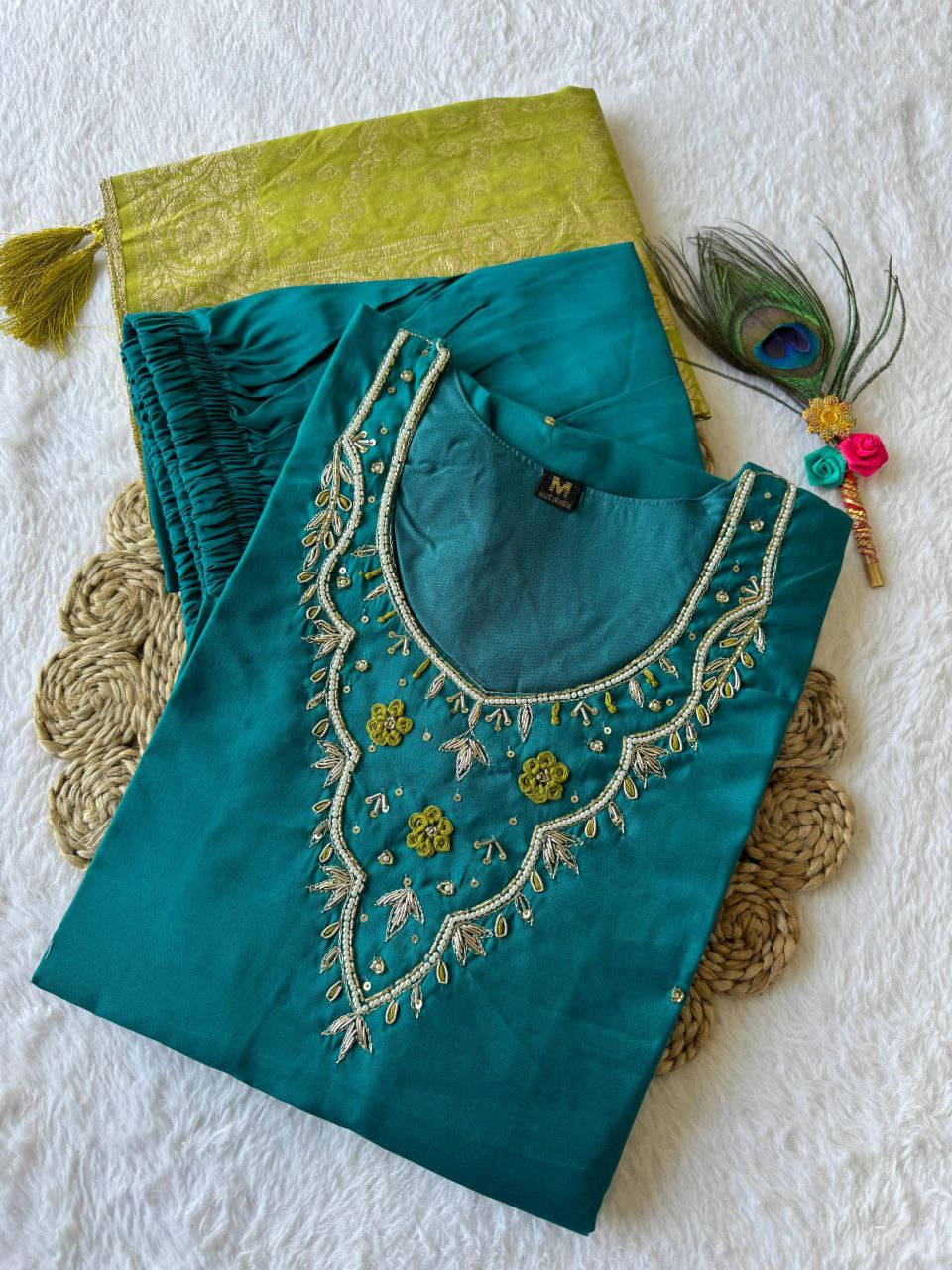 Exquisite Rama Roman Silk Handworked Kurta Pant Dupatta Set - INDIAN ELEGANCE