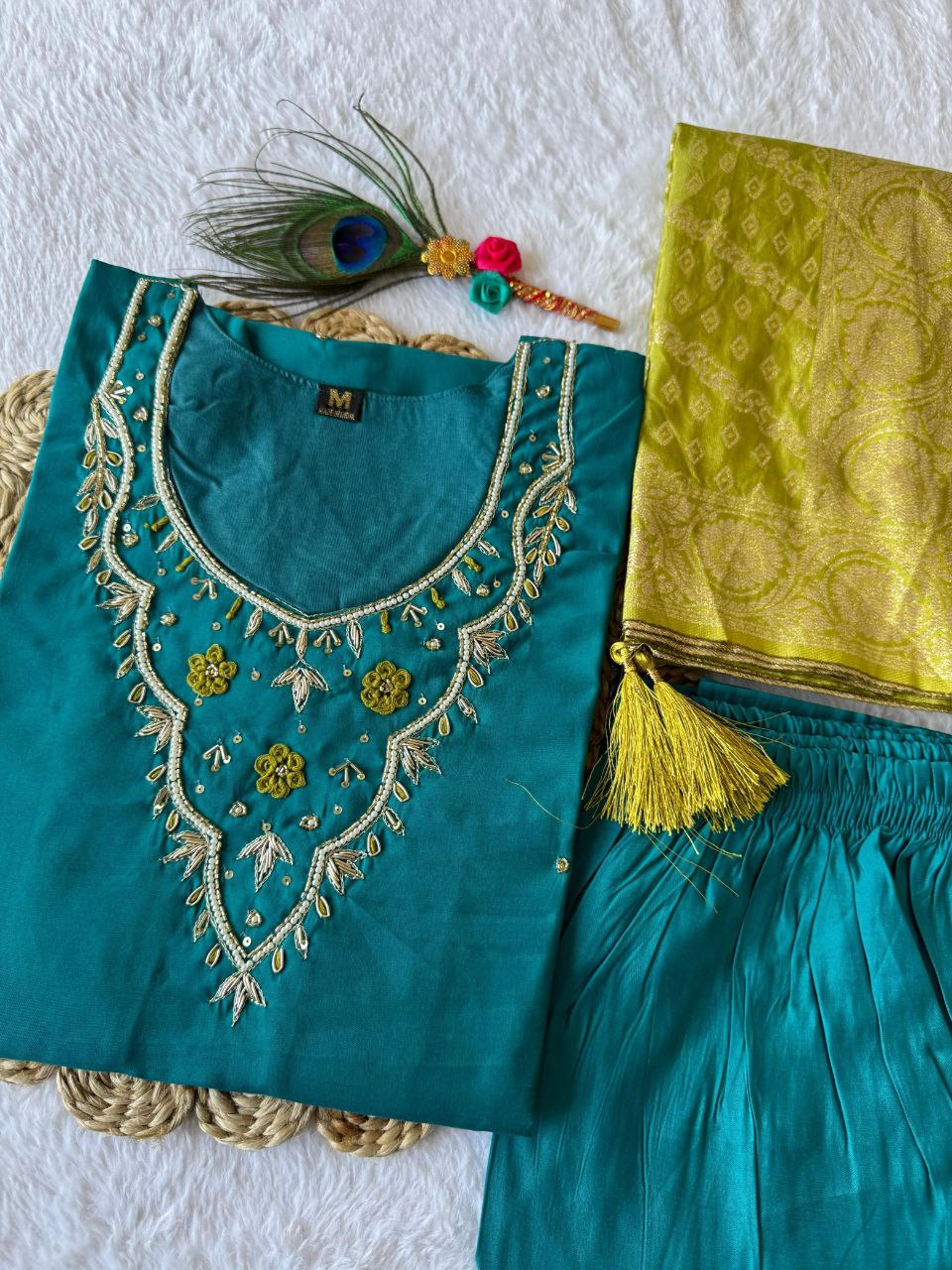 Exquisite Rama Roman Silk Handworked Kurta Pant Dupatta Set - INDIAN ELEGANCE