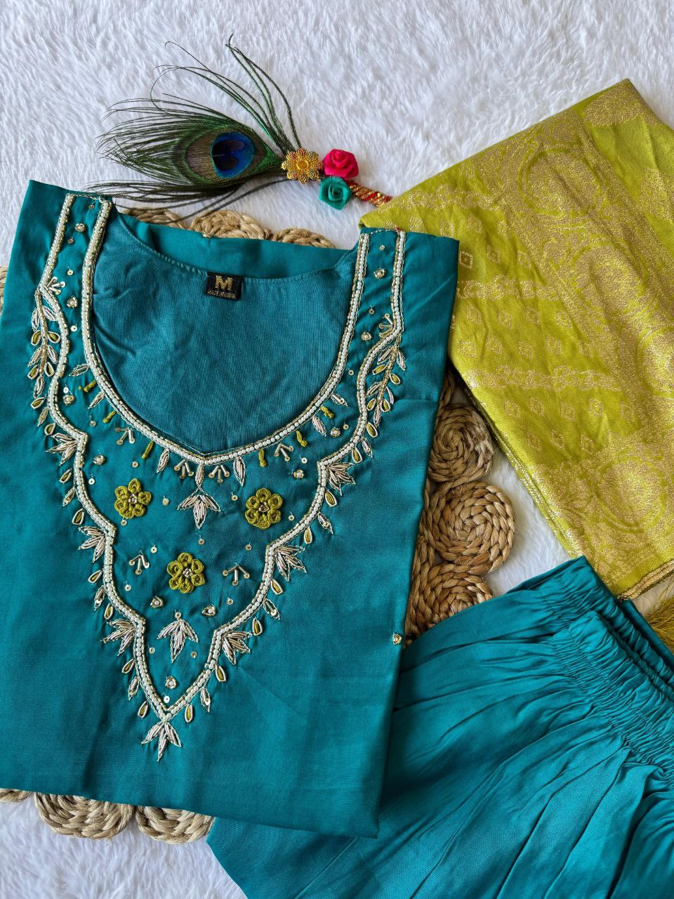 Exquisite Rama Roman Silk Handworked Kurta Pant Dupatta Set - INDIAN ELEGANCE
