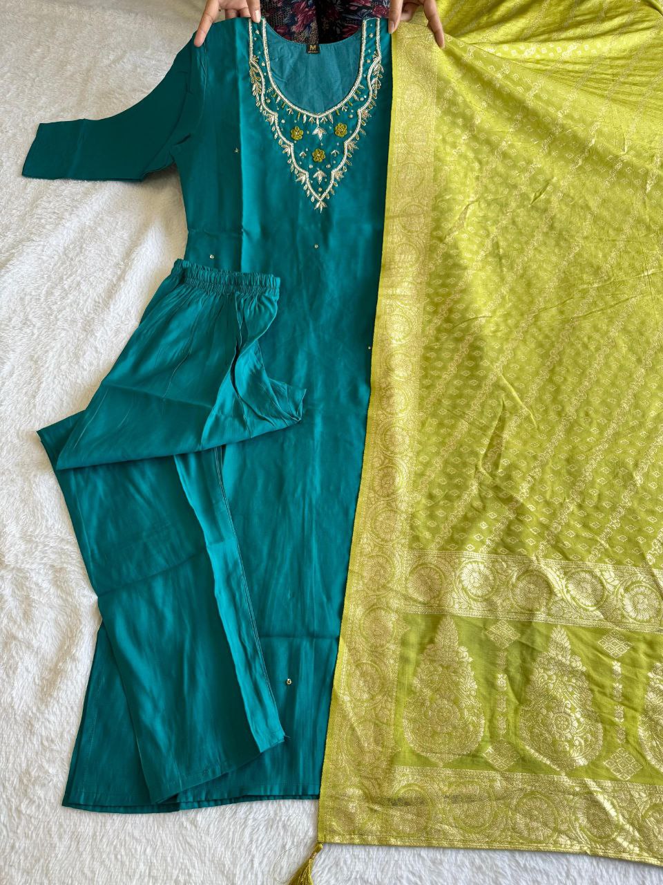 Exquisite Rama Roman Silk Handworked Kurta Pant Dupatta Set - INDIAN ELEGANCE
