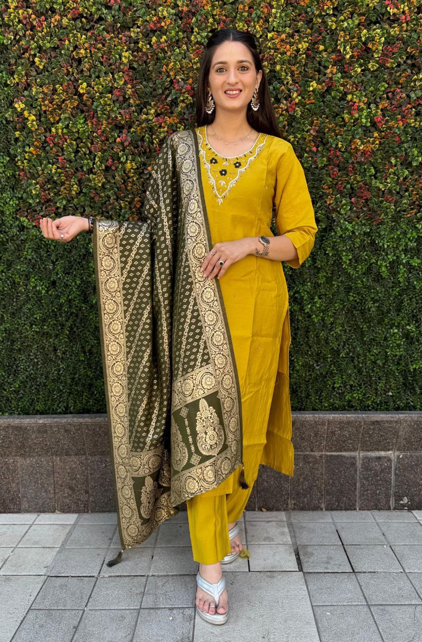 Ravishing Yellow Roman Silk Handworked Kurta Pant Dupatta Set - INDIAN ELEGANCE