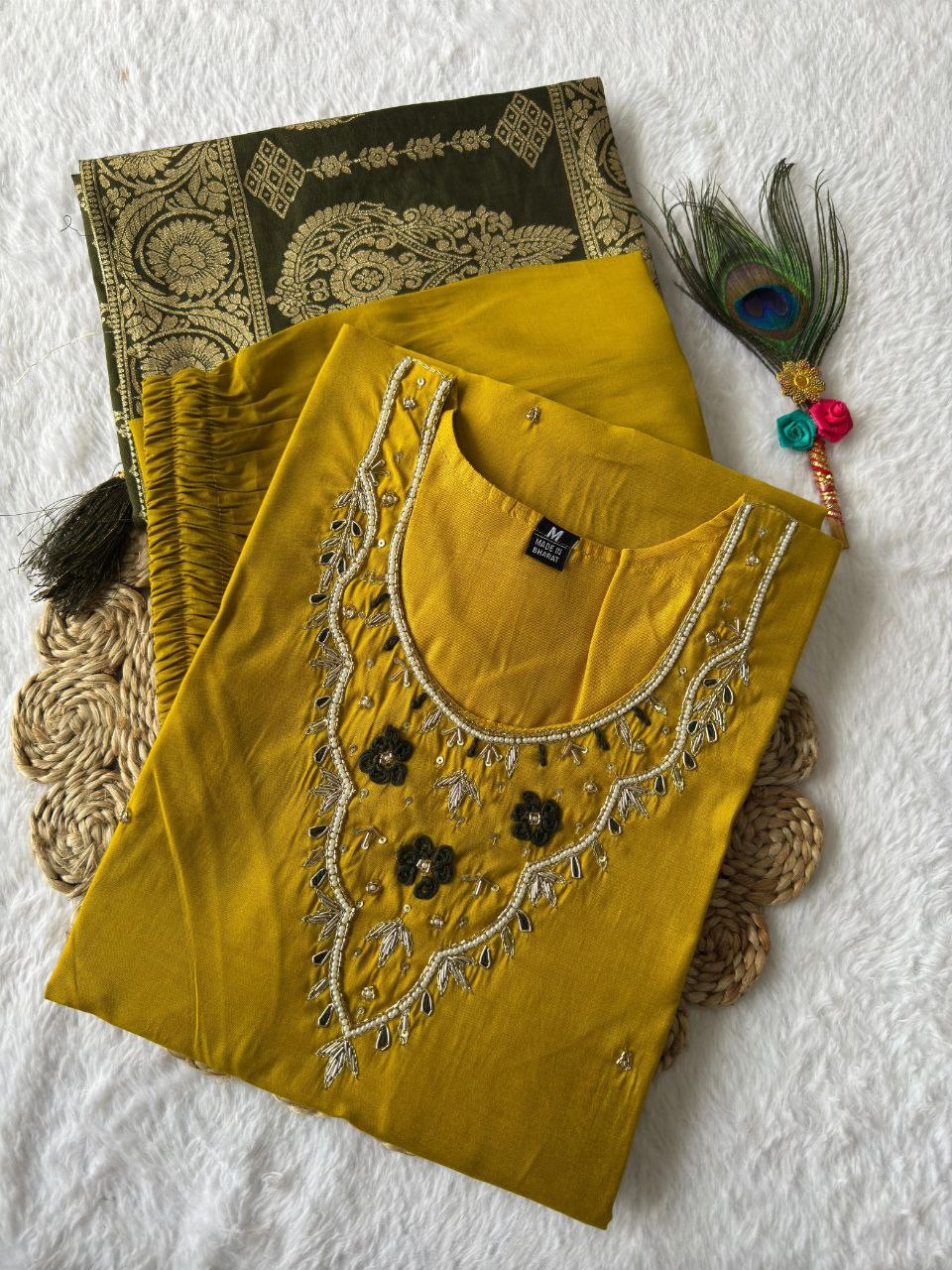 Ravishing Yellow Roman Silk Handworked Kurta Pant Dupatta Set - INDIAN ELEGANCE