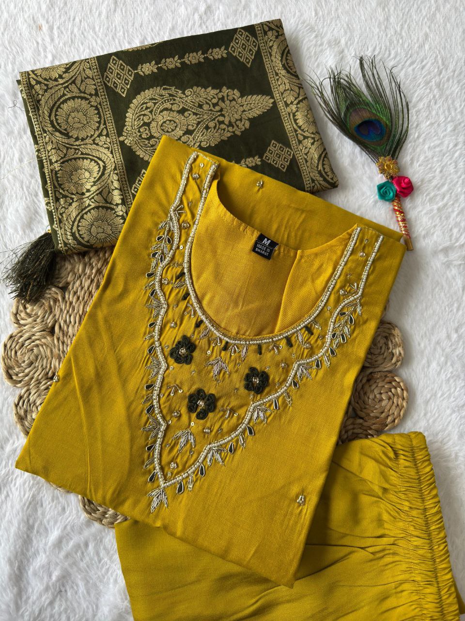 Ravishing Yellow Roman Silk Handworked Kurta Pant Dupatta Set - INDIAN ELEGANCE