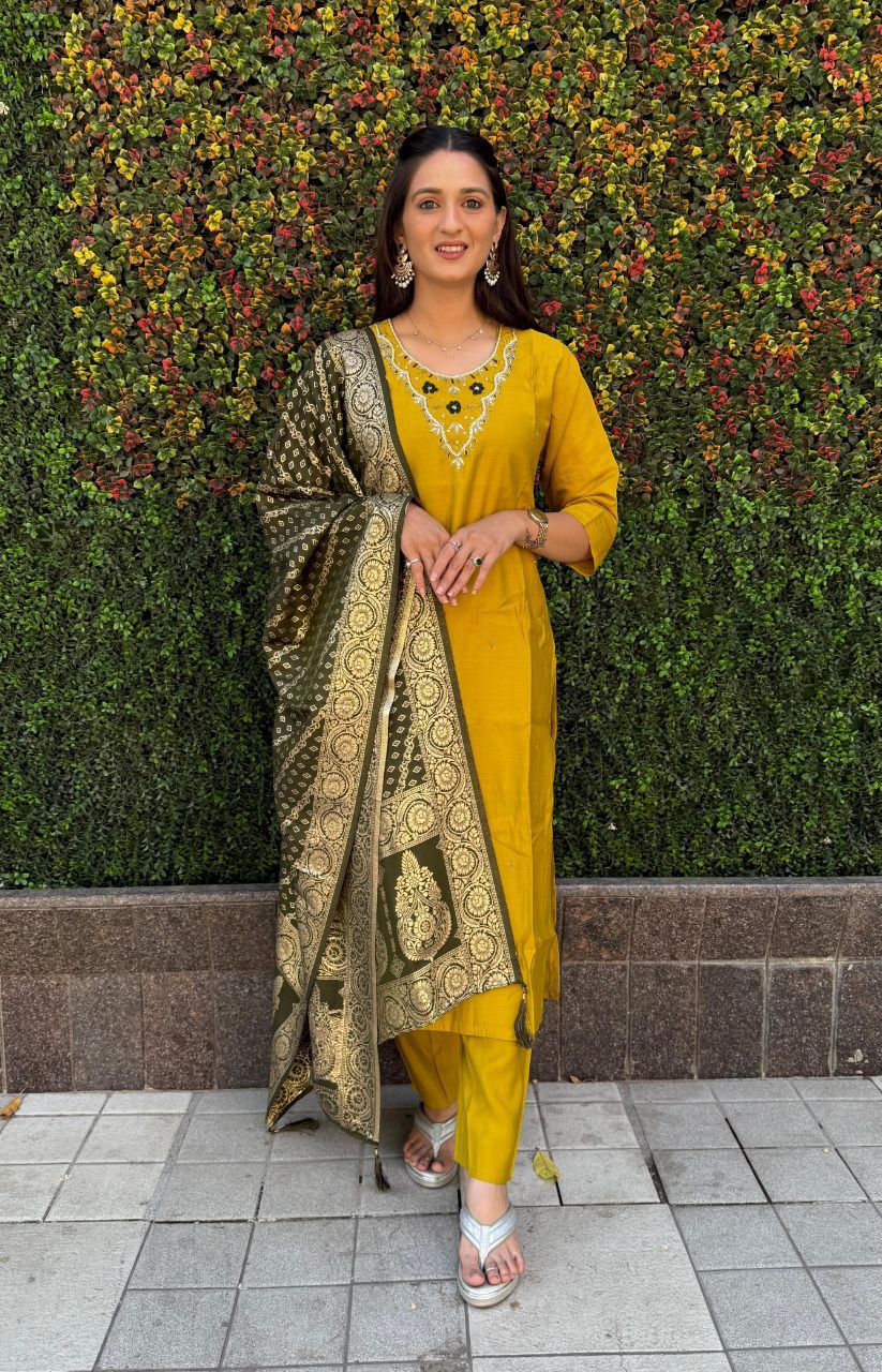 Ravishing Yellow Roman Silk Handworked Kurta Pant Dupatta Set - INDIAN ELEGANCE
