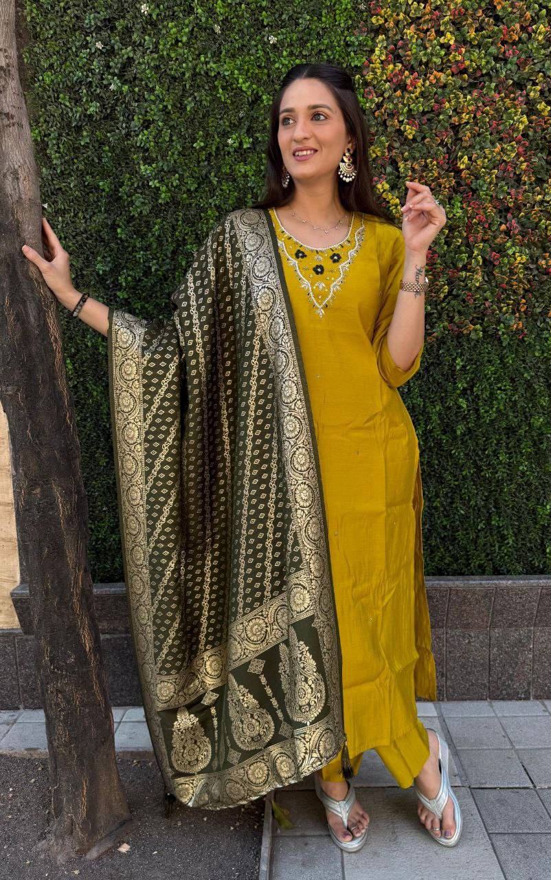 Ravishing Yellow Roman Silk Handworked Kurta Pant Dupatta Set - INDIAN ELEGANCE