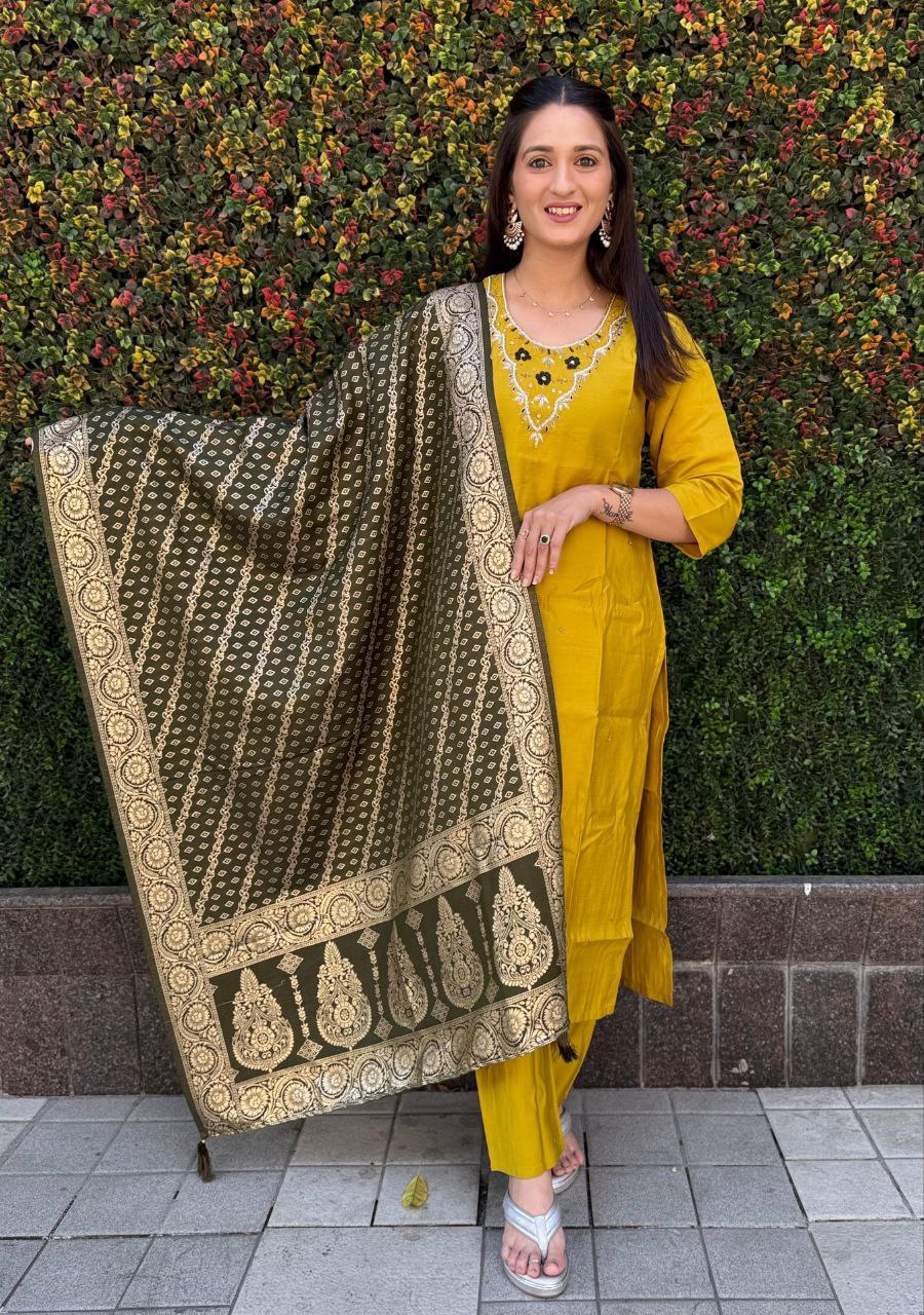 Ravishing Yellow Roman Silk Handworked Kurta Pant Dupatta Set - INDIAN ELEGANCE