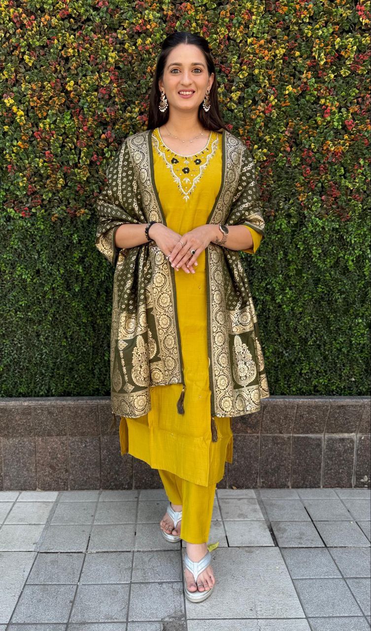 Ravishing Yellow Roman Silk Handworked Kurta Pant Dupatta Set - INDIAN ELEGANCE