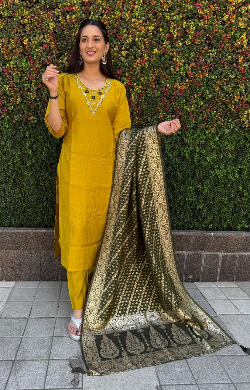 Ravishing Yellow Roman Silk Handworked Kurta Pant Dupatta Set - INDIAN ELEGANCE