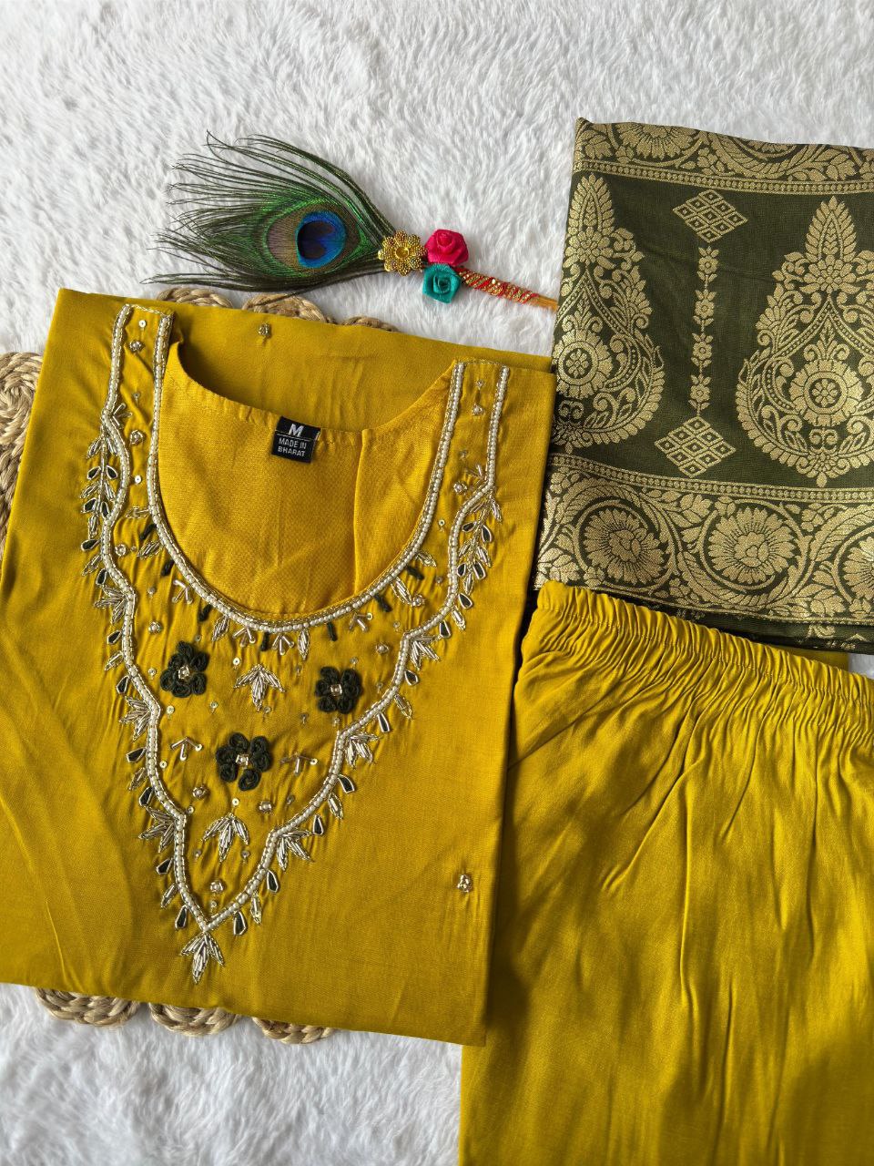 Ravishing Yellow Roman Silk Handworked Kurta Pant Dupatta Set - INDIAN ELEGANCE