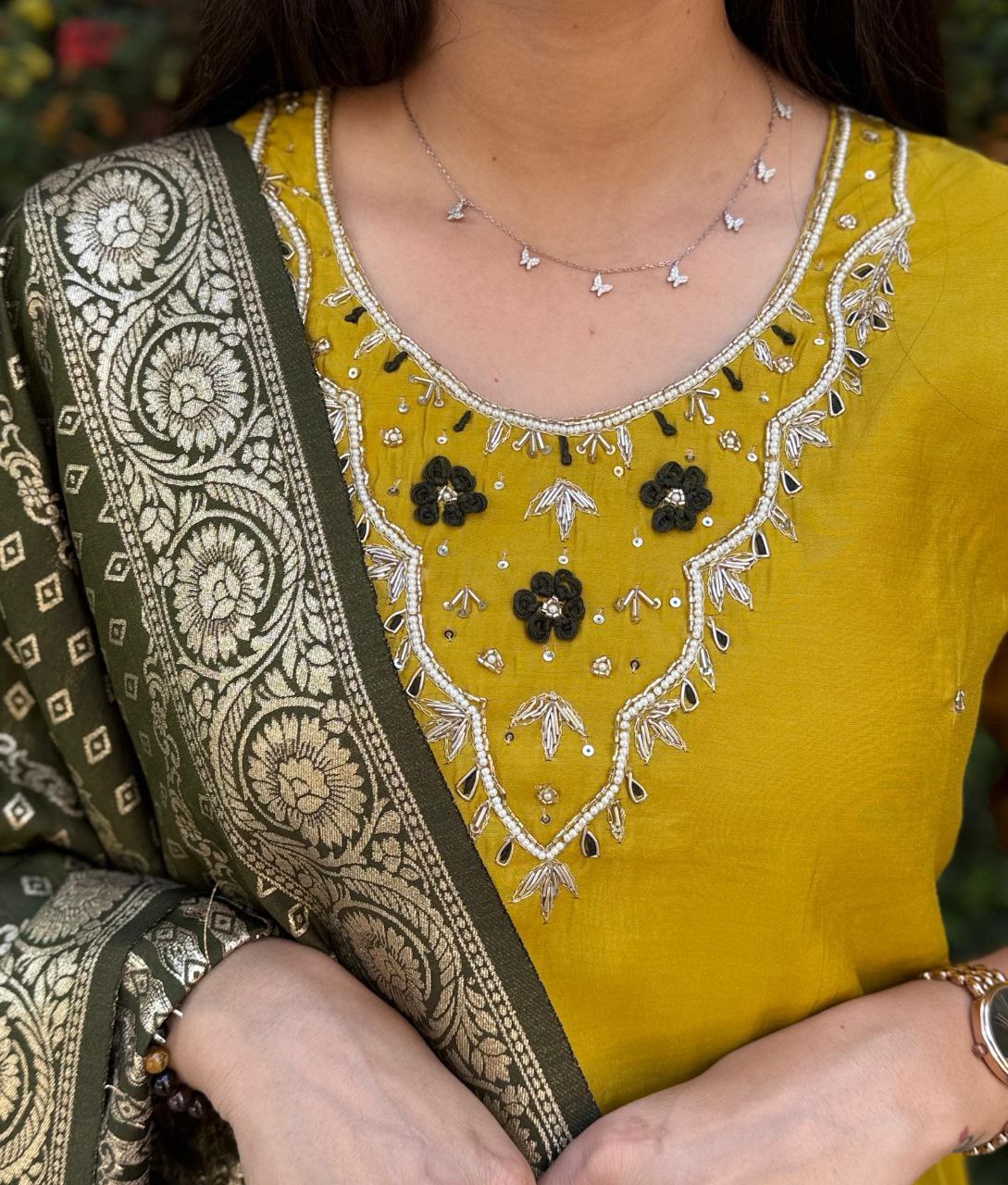Ravishing Yellow Roman Silk Handworked Kurta Pant Dupatta Set - INDIAN ELEGANCE