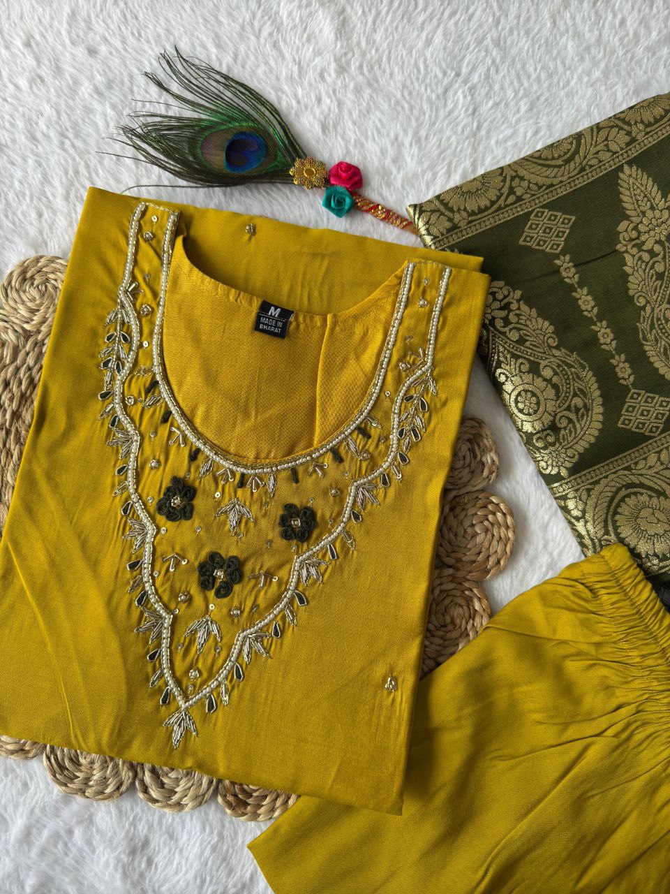 Ravishing Yellow Roman Silk Handworked Kurta Pant Dupatta Set - INDIAN ELEGANCE