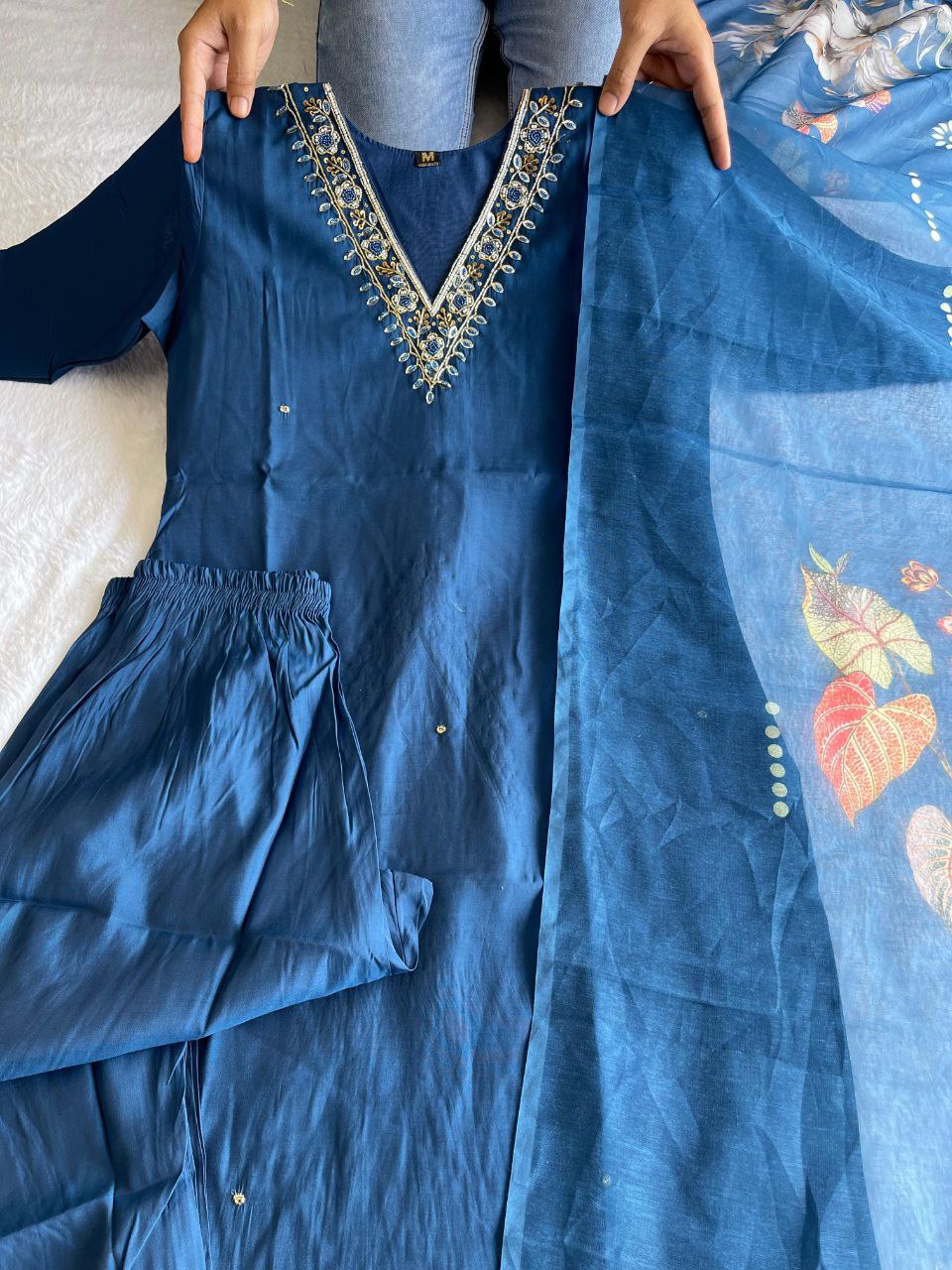 Spectacular Indigo Blue Roman Silk Handworked Kurta Pant Dupatta Set - INDIAN ELEGANCE