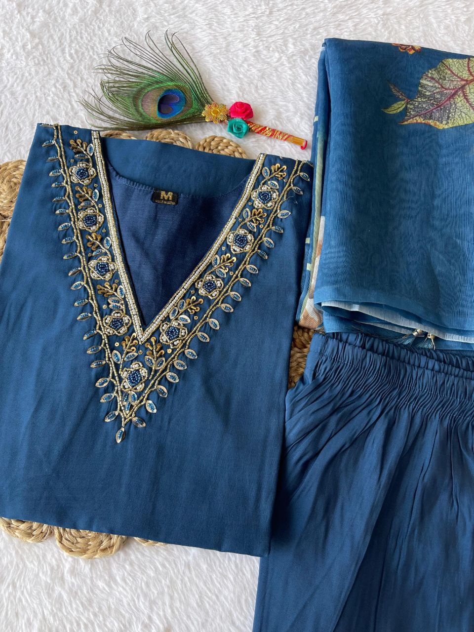 Spectacular Indigo Blue Roman Silk Handworked Kurta Pant Dupatta Set - INDIAN ELEGANCE