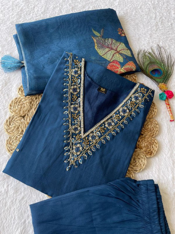 Spectacular Indigo Blue Roman Silk Handworked Kurta Pant Dupatta Set - INDIAN ELEGANCE