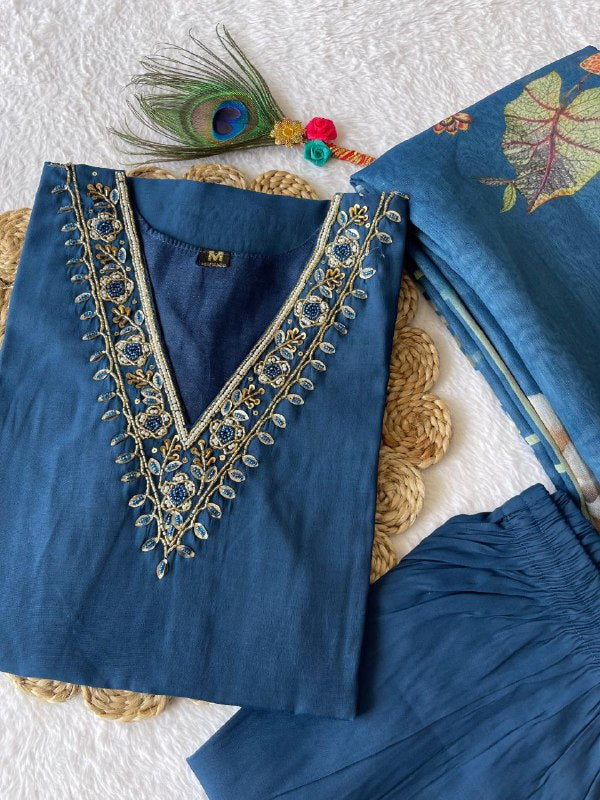 Spectacular Indigo Blue Roman Silk Handworked Kurta Pant Dupatta Set - INDIAN ELEGANCE