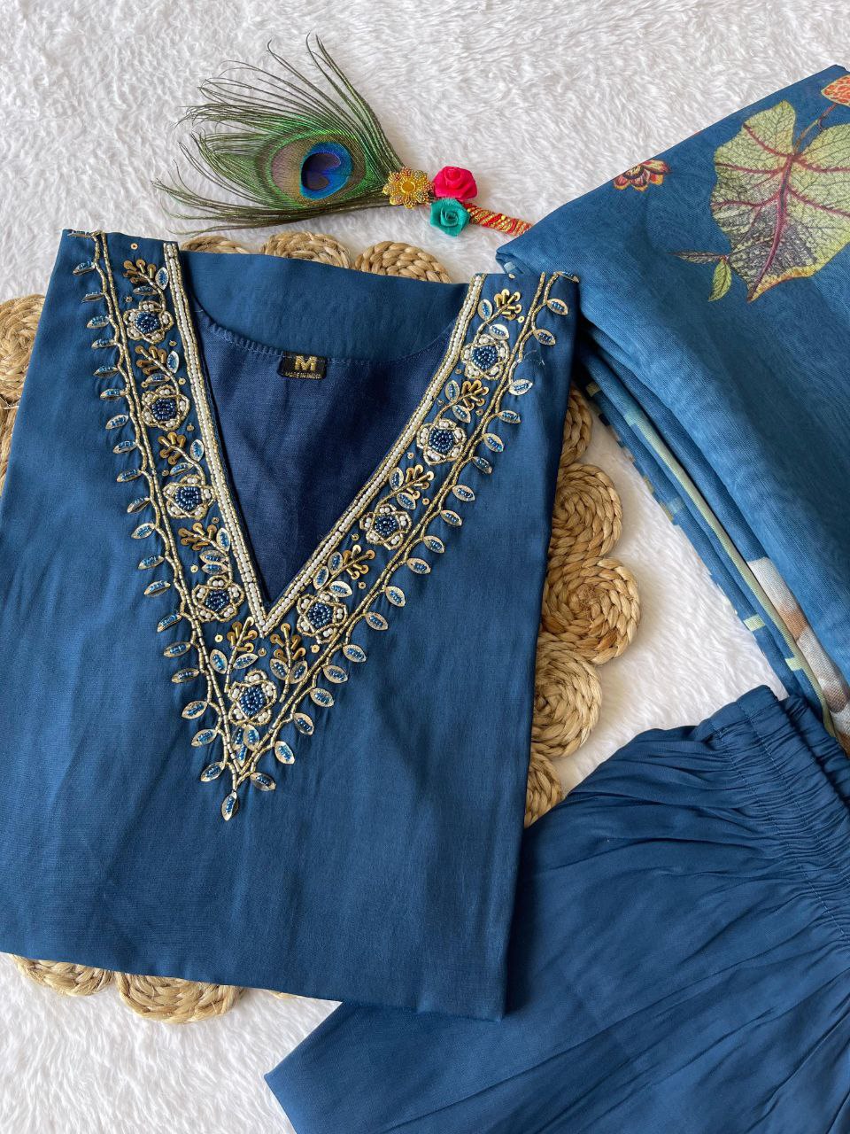 Spectacular Indigo Blue Roman Silk Handworked Kurta Pant Dupatta Set - INDIAN ELEGANCE