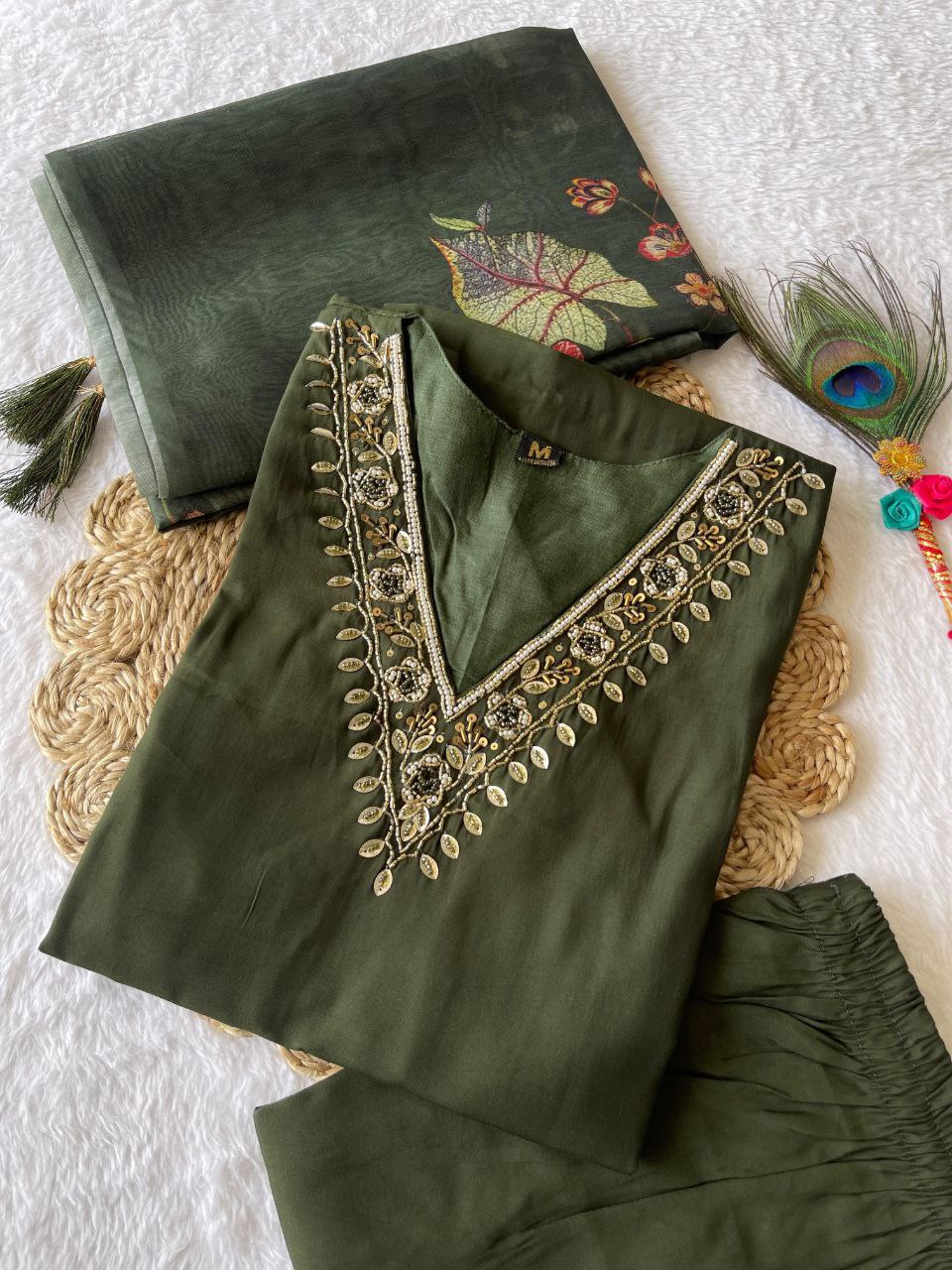 Luminous Mehendi Roman Silk Handworked Kurta Pant Dupatta Set - INDIAN ELEGANCE