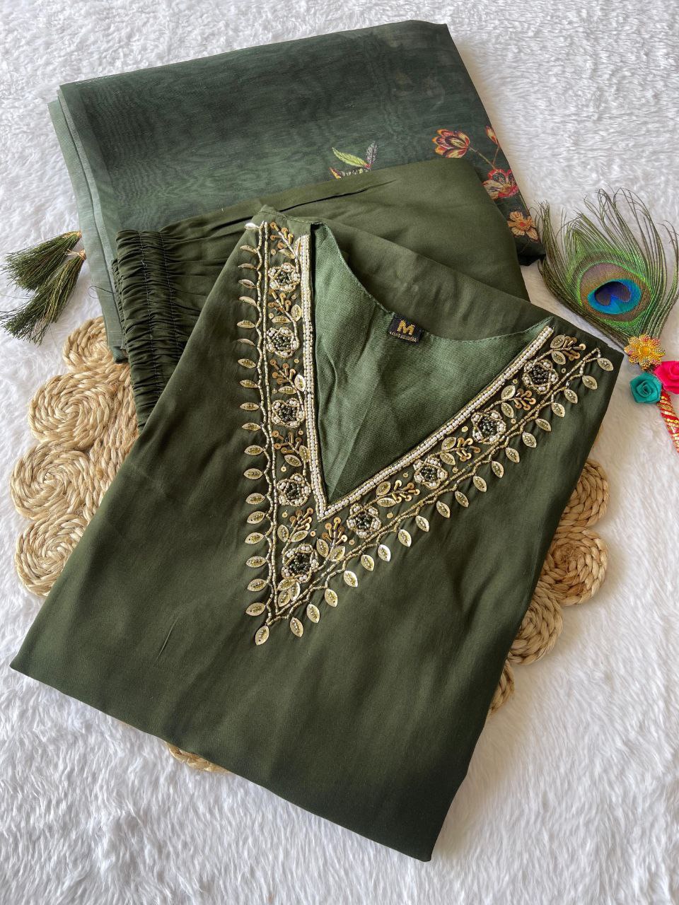 Luminous Mehendi Roman Silk Handworked Kurta Pant Dupatta Set - INDIAN ELEGANCE