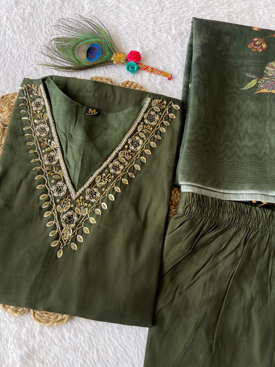 Luminous Mehendi Roman Silk Handworked Kurta Pant Dupatta Set - INDIAN ELEGANCE