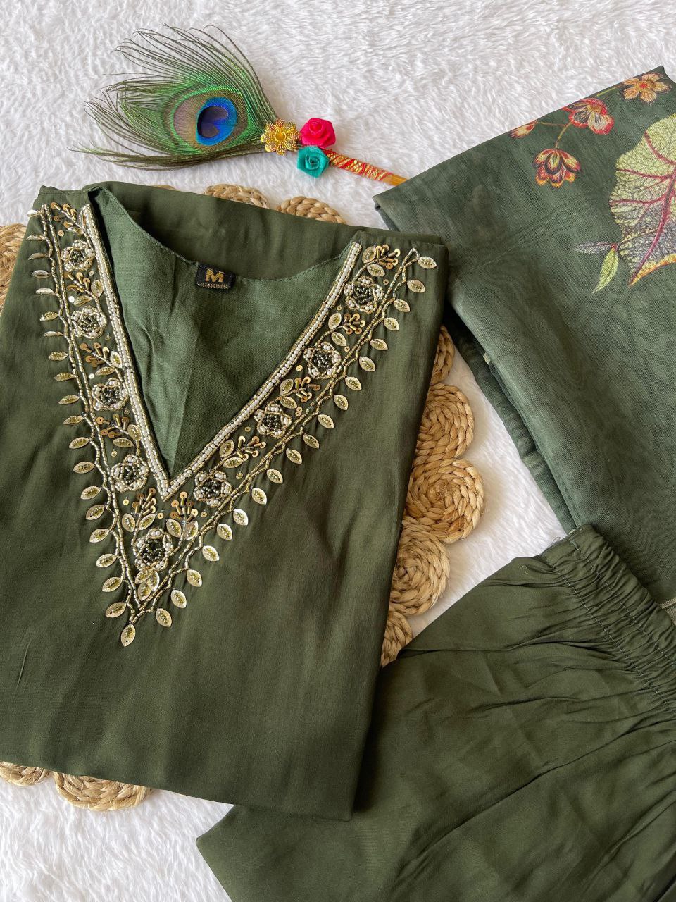 Luminous Mehendi Roman Silk Handworked Kurta Pant Dupatta Set - INDIAN ELEGANCE