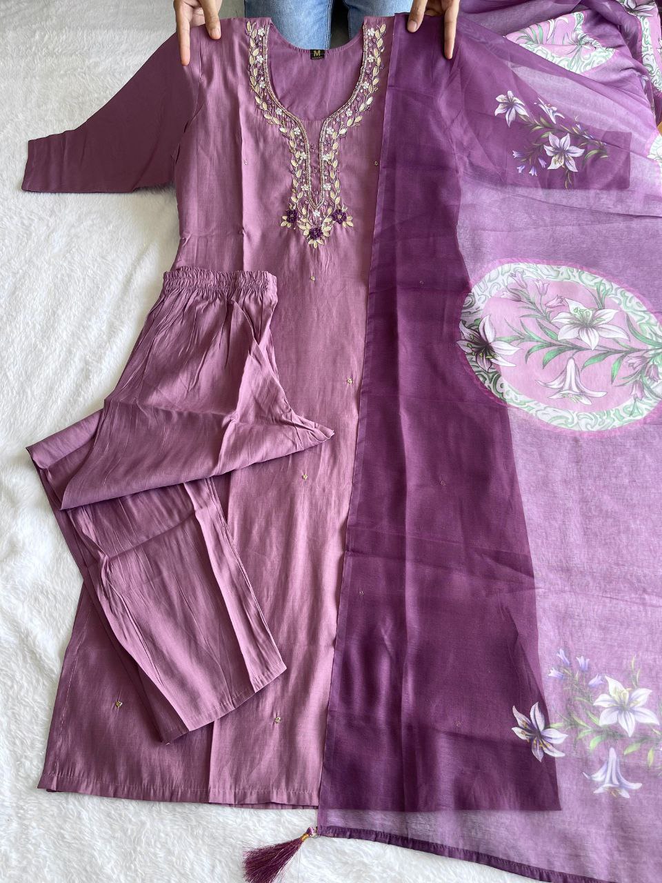 Alluring Light Wine Roman Silk Handworked Kurta Pant Dupatta Set - INDIAN ELEGANCE
